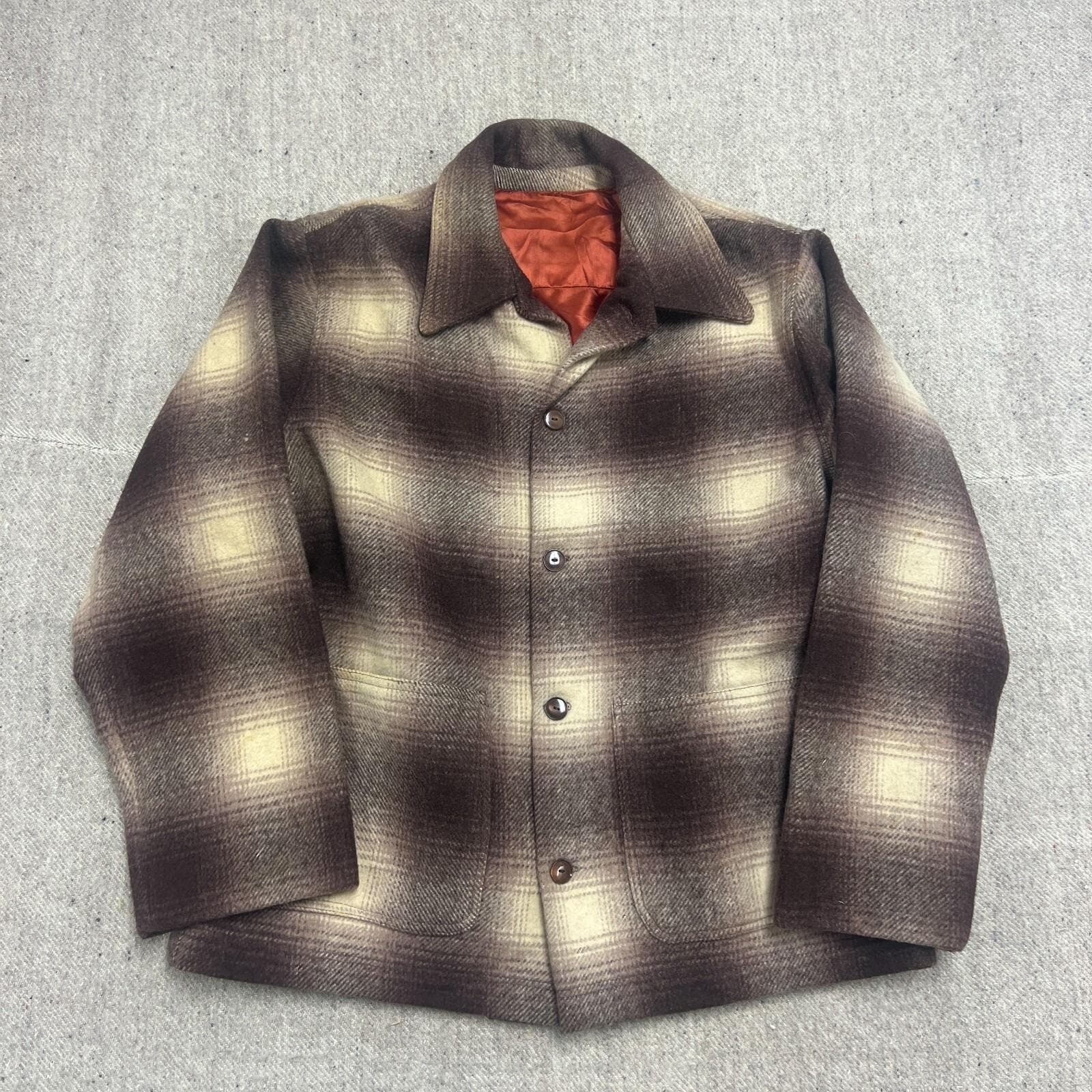 Vintage Shadow Plaid Jacket Mens Large Brown 1950s Button Up Wool